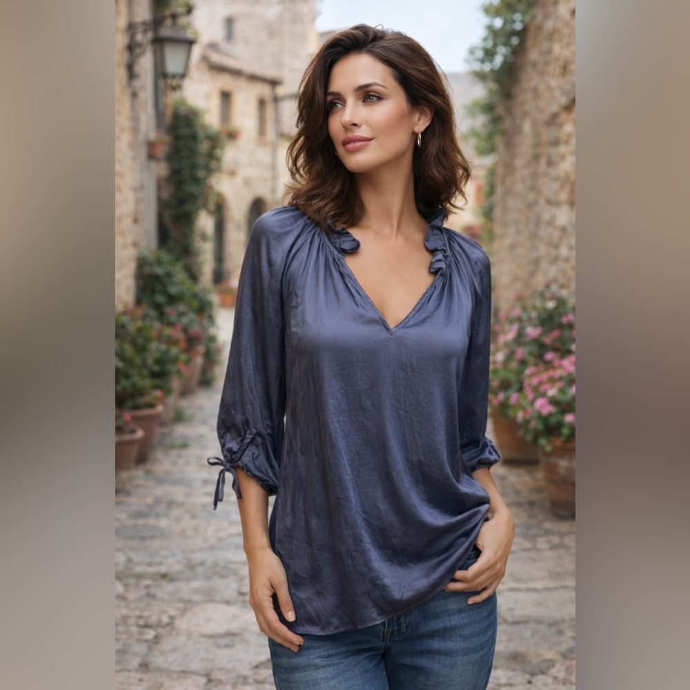 Sofia Made in Italy Top Eloise Ruffle V Neck Viscose Tie Puff Sleeves One Size